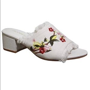 NIB-White Denim Embroidered Slide Sandal